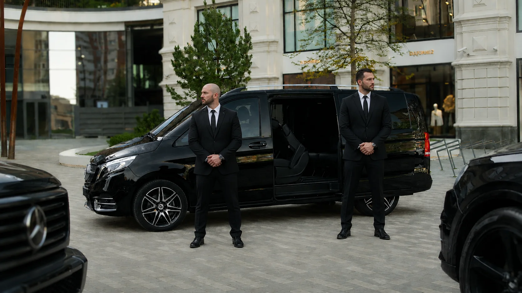 Служба охраны у Mercedes-Benz V-Class с водителем возле бизнес-центра.
